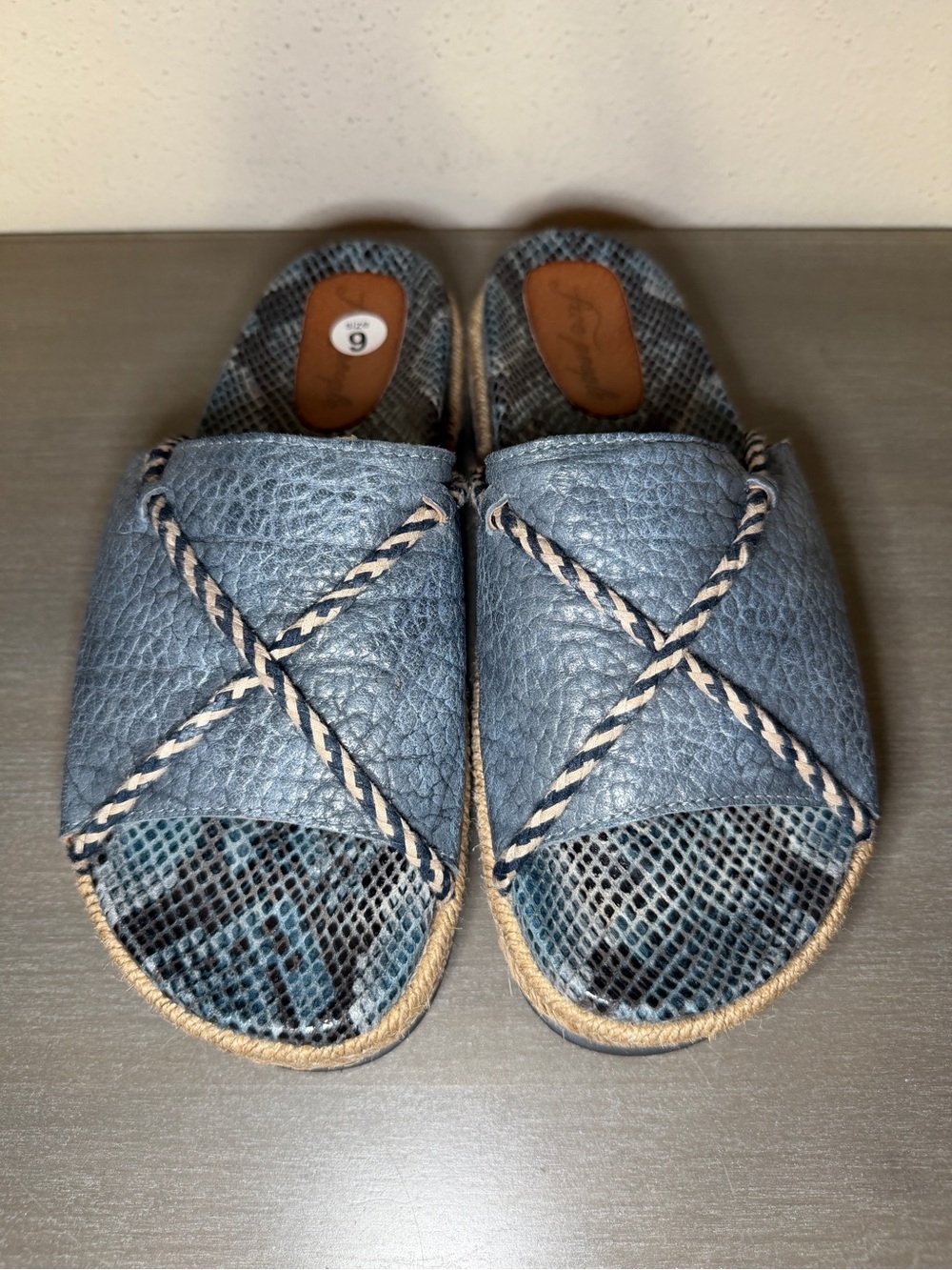 Free People Blue Leather Snakeskin Espadrille Platform Sandals Size 9 Spain - Picture 5 of 11